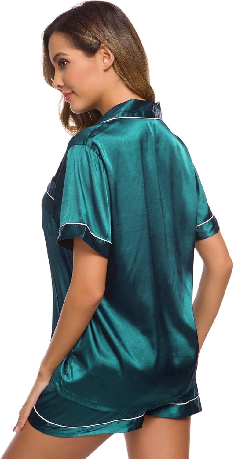 imageSWOMOG Womens Silk Satin Pajamas Set Short Sleeve Sleepwear Button Down Top and Shorts Loungewear 2 Piece Pjs Set XS3XLGreen