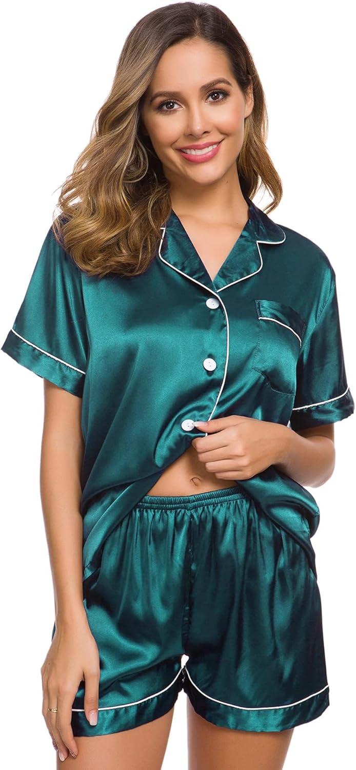 imageSWOMOG Womens Silk Satin Pajamas Set Short Sleeve Sleepwear Button Down Top and Shorts Loungewear 2 Piece Pjs Set XS3XLGreen