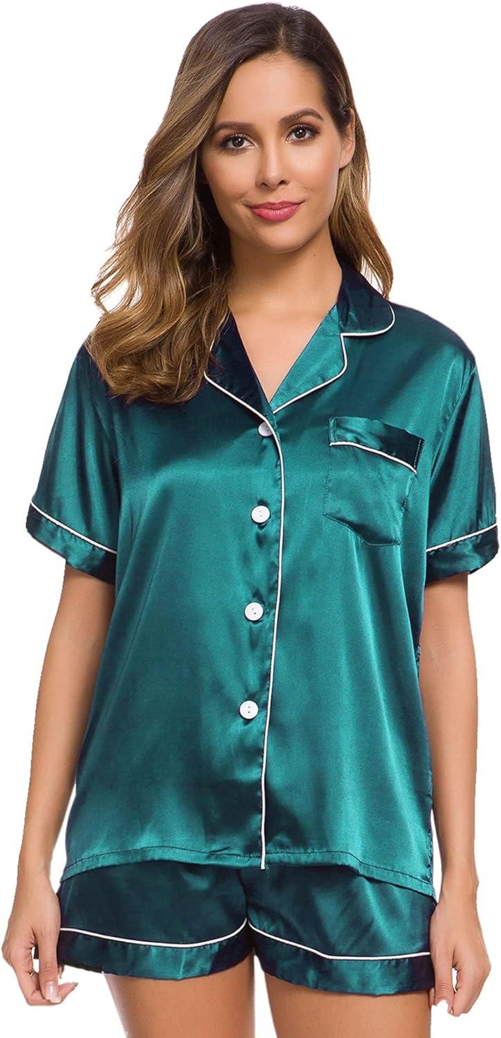 imageSWOMOG Womens Silk Satin Pajamas Set Short Sleeve Sleepwear Button Down Top and Shorts Loungewear 2 Piece Pjs Set XS3XLGreen