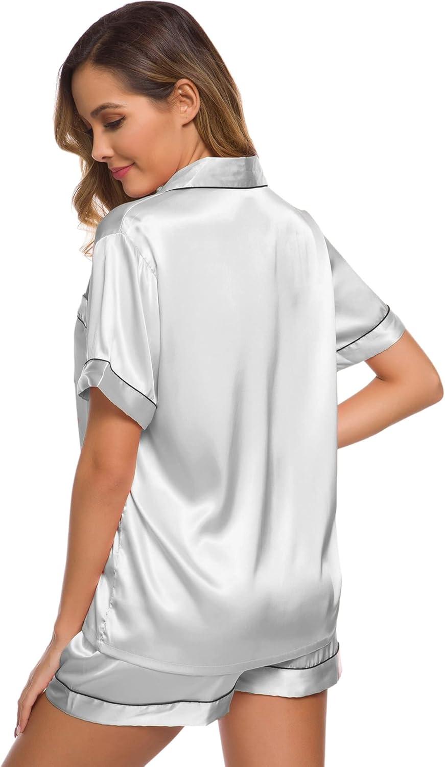 imageSWOMOG Womens Silk Satin Pajamas Set Short Sleeve Sleepwear Button Down Top and Shorts Loungewear 2 Piece Pjs Set XS3XLGrey