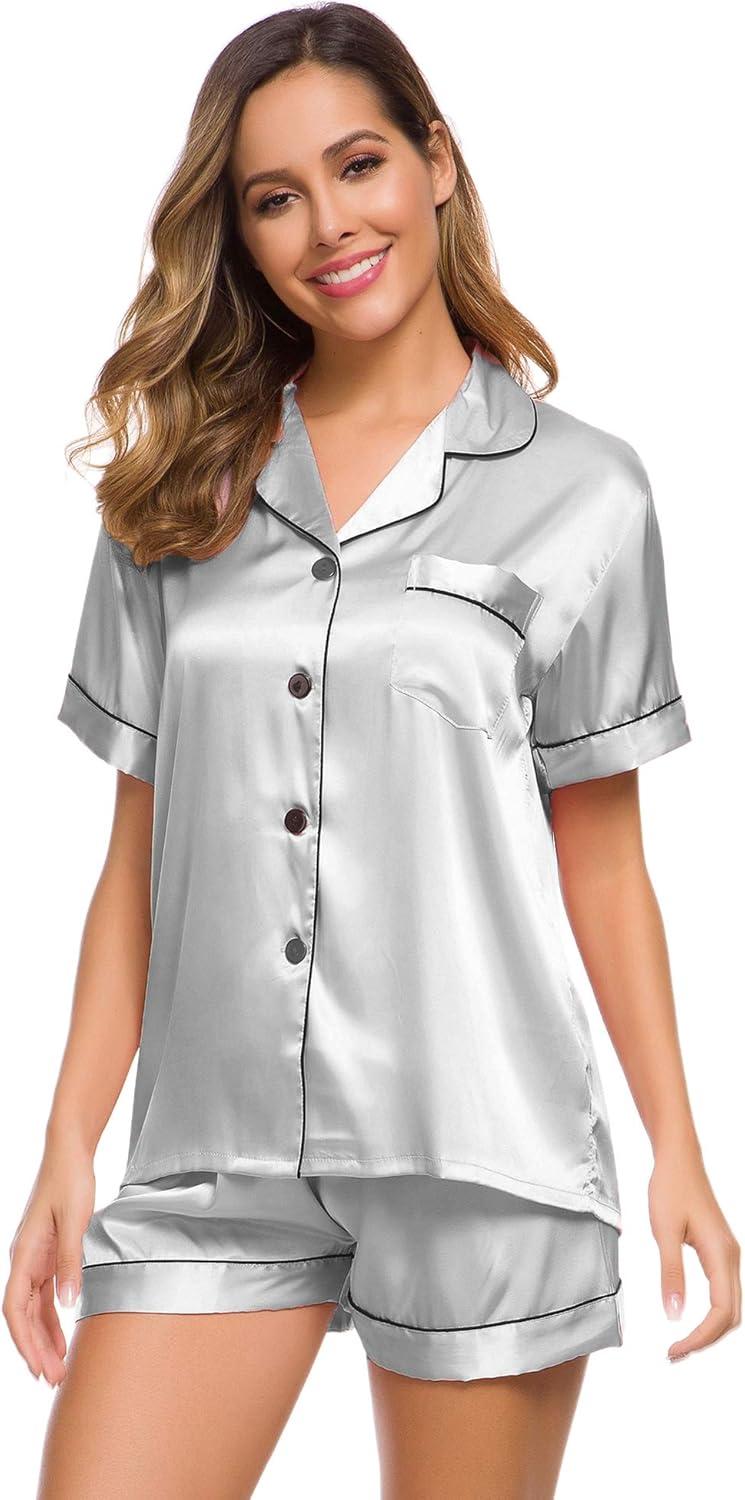 imageSWOMOG Womens Silk Satin Pajamas Set Short Sleeve Sleepwear Button Down Top and Shorts Loungewear 2 Piece Pjs Set XS3XLGrey