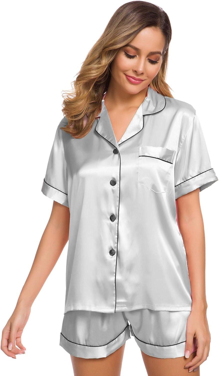 imageSWOMOG Womens Silk Satin Pajamas Set Short Sleeve Sleepwear Button Down Top and Shorts Loungewear 2 Piece Pjs Set XS3XLGrey