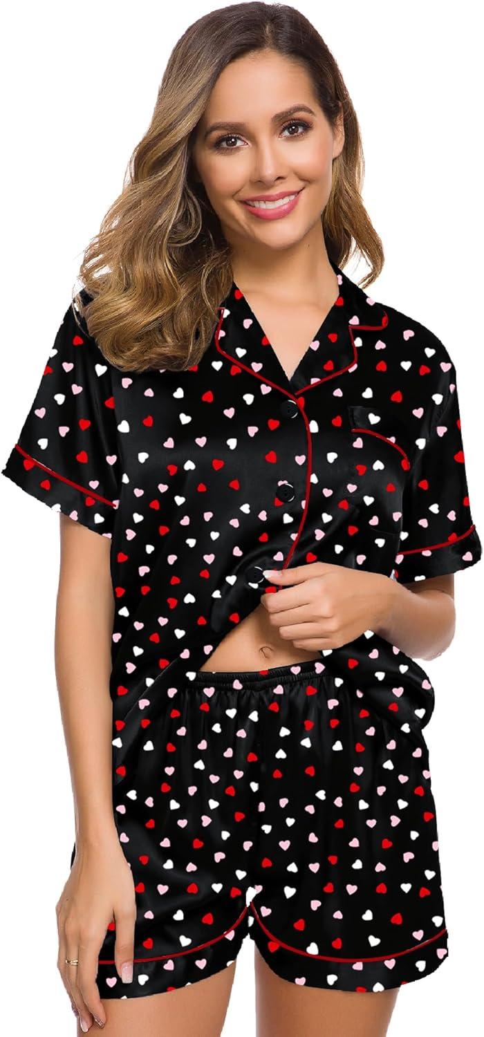 imageSWOMOG Womens Silk Satin Pajamas Set Short Sleeve Sleepwear Button Down Top and Shorts Loungewear 2 Piece Pjs Set XS3XLHeart Collage