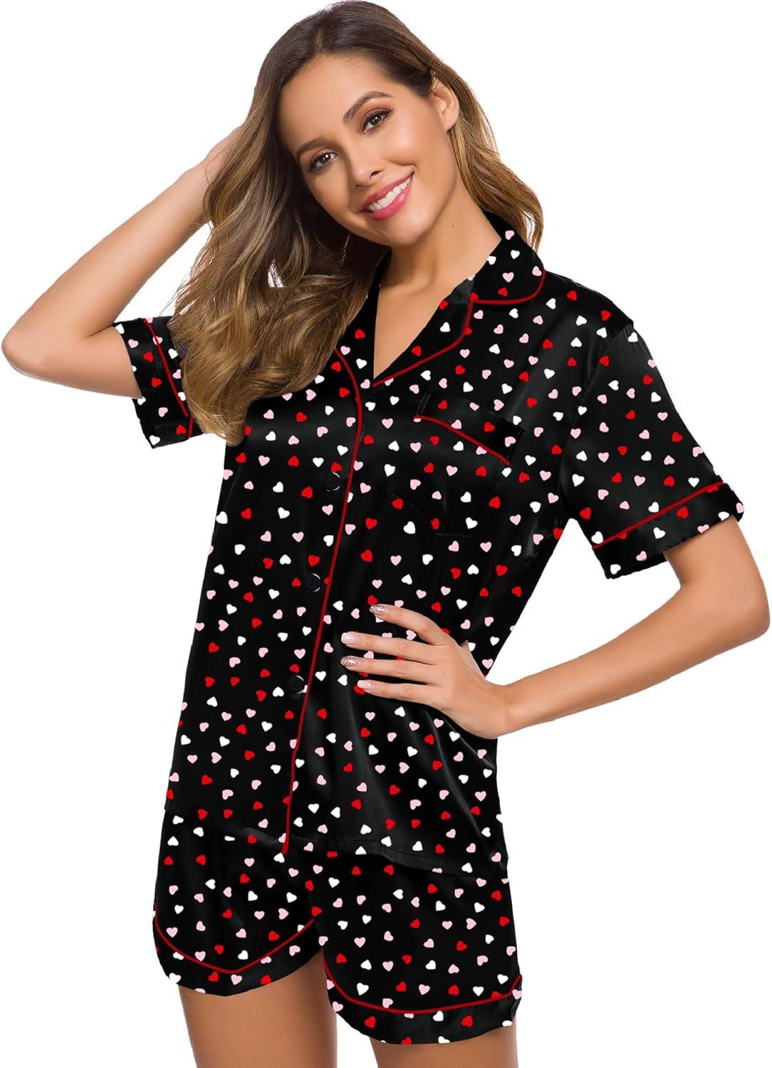 imageSWOMOG Womens Silk Satin Pajamas Set Short Sleeve Sleepwear Button Down Top and Shorts Loungewear 2 Piece Pjs Set XS3XLHeart Collage