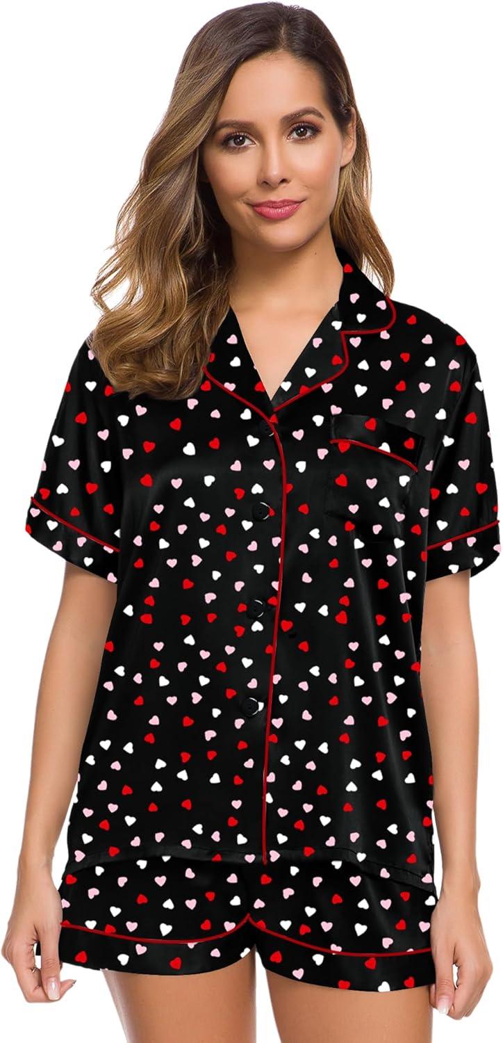 imageSWOMOG Womens Silk Satin Pajamas Set Short Sleeve Sleepwear Button Down Top and Shorts Loungewear 2 Piece Pjs Set XS3XLHeart Collage