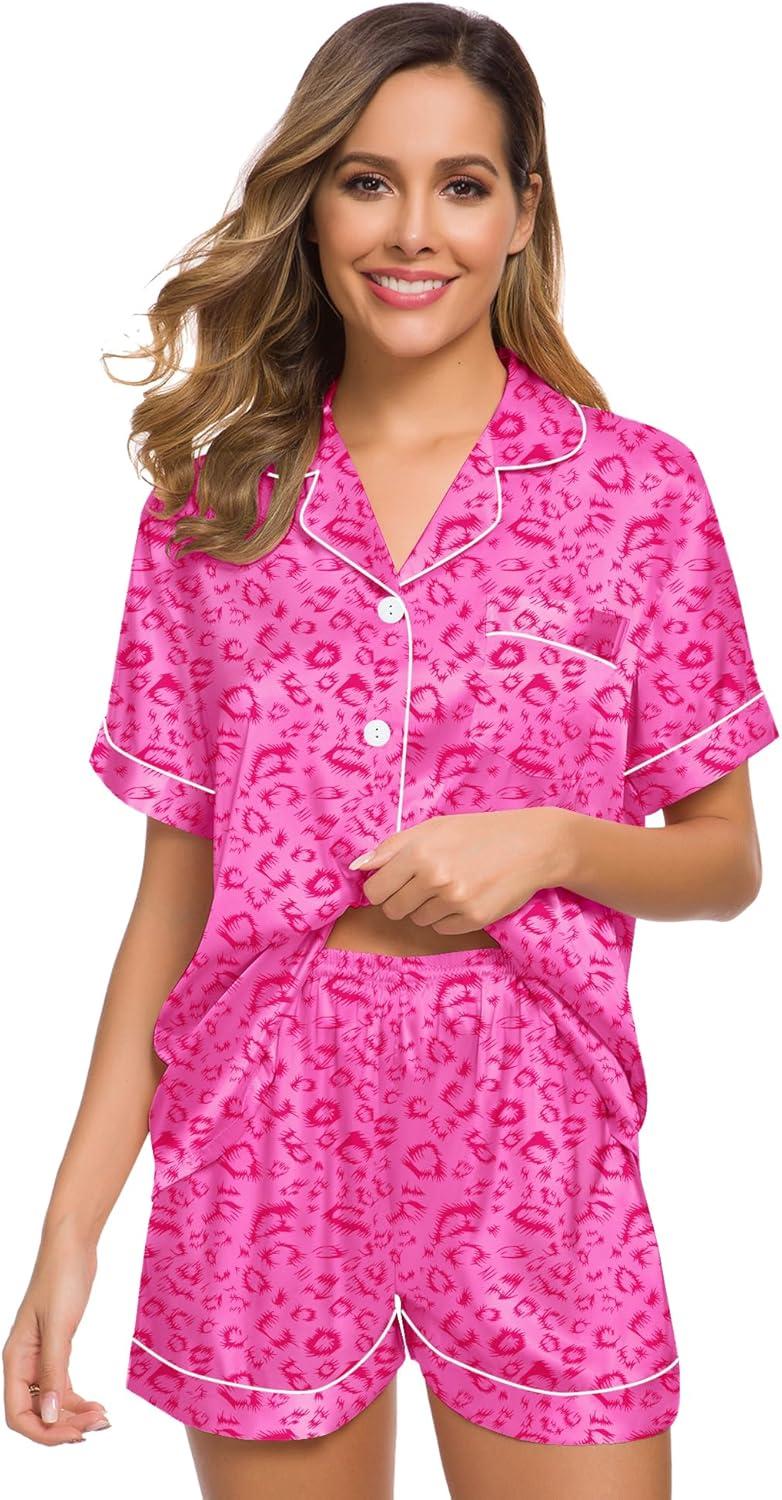 imageSWOMOG Womens Silk Satin Pajamas Set Short Sleeve Sleepwear Button Down Top and Shorts Loungewear 2 Piece Pjs Set XS3XLHot Pink Leopard