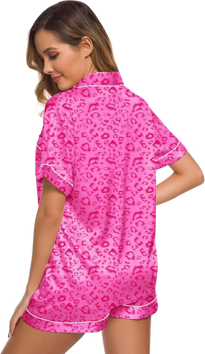 imageSWOMOG Womens Silk Satin Pajamas Set Short Sleeve Sleepwear Button Down Top and Shorts Loungewear 2 Piece Pjs Set XS3XLHot Pink Leopard