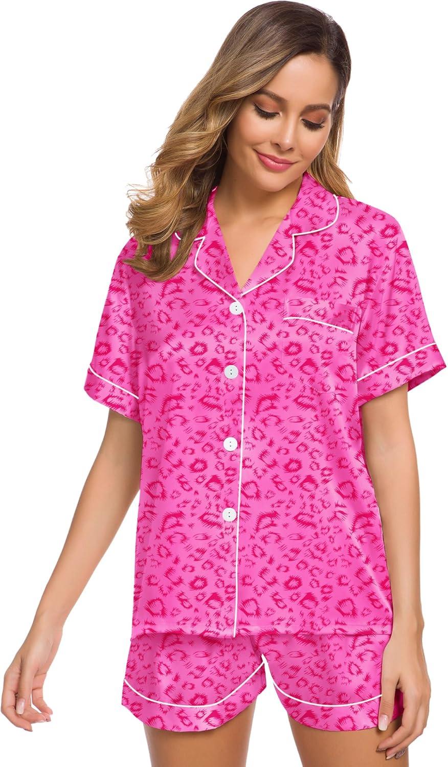 imageSWOMOG Womens Silk Satin Pajamas Set Short Sleeve Sleepwear Button Down Top and Shorts Loungewear 2 Piece Pjs Set XS3XLHot Pink Leopard