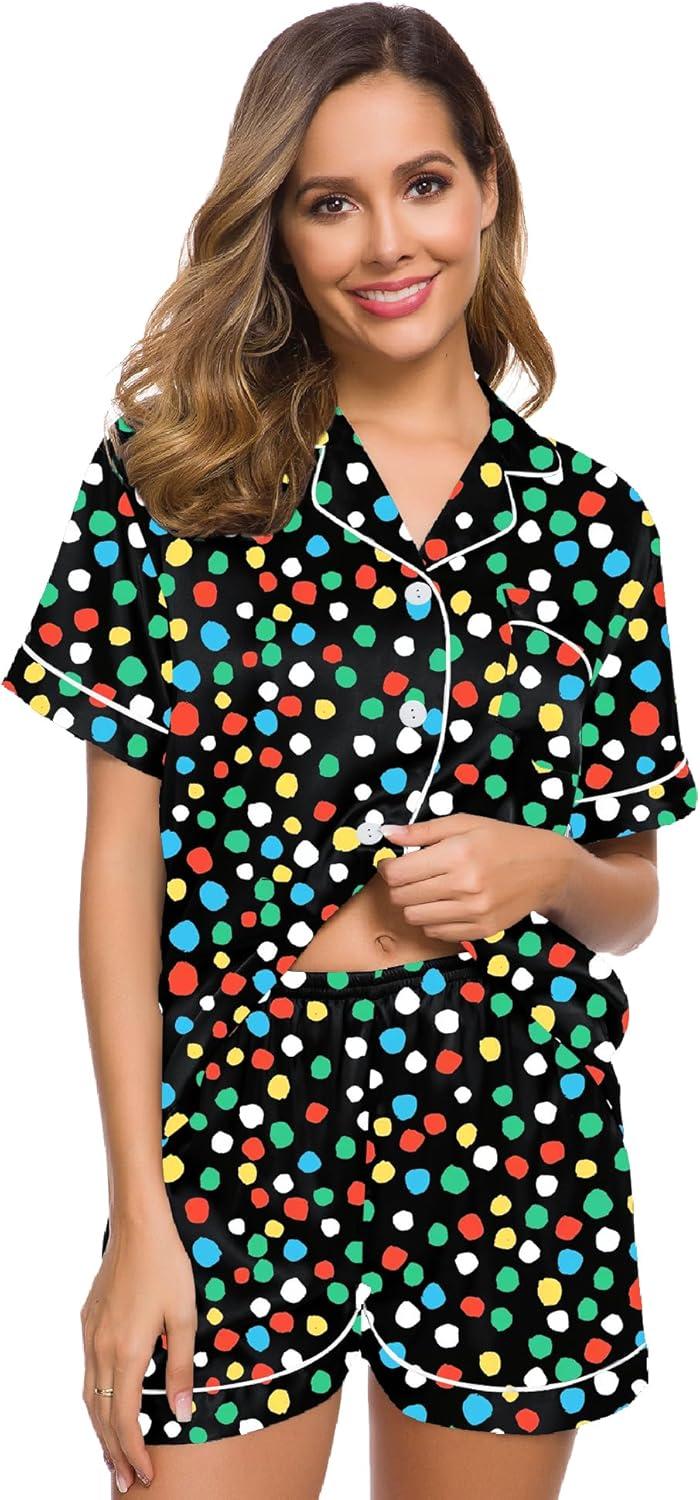 imageSWOMOG Womens Silk Satin Pajamas Set Short Sleeve Sleepwear Button Down Top and Shorts Loungewear 2 Piece Pjs Set XS3XLL Vpainted Dots