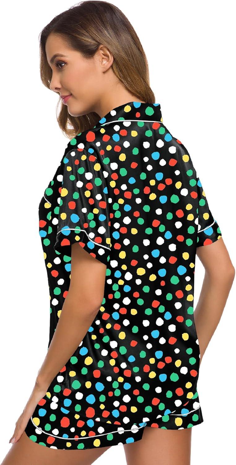 imageSWOMOG Womens Silk Satin Pajamas Set Short Sleeve Sleepwear Button Down Top and Shorts Loungewear 2 Piece Pjs Set XS3XLL Vpainted Dots