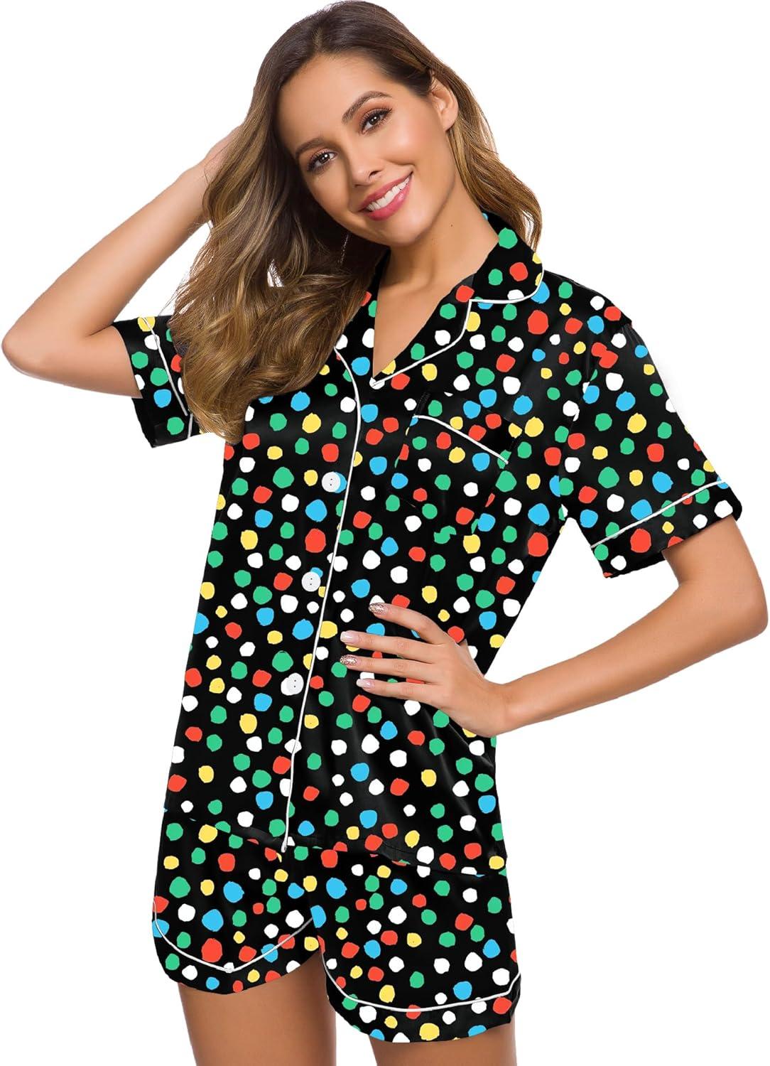 imageSWOMOG Womens Silk Satin Pajamas Set Short Sleeve Sleepwear Button Down Top and Shorts Loungewear 2 Piece Pjs Set XS3XLL Vpainted Dots