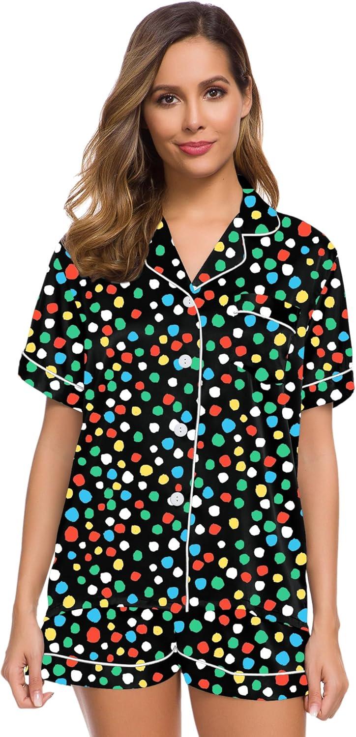 imageSWOMOG Womens Silk Satin Pajamas Set Short Sleeve Sleepwear Button Down Top and Shorts Loungewear 2 Piece Pjs Set XS3XLL Vpainted Dots