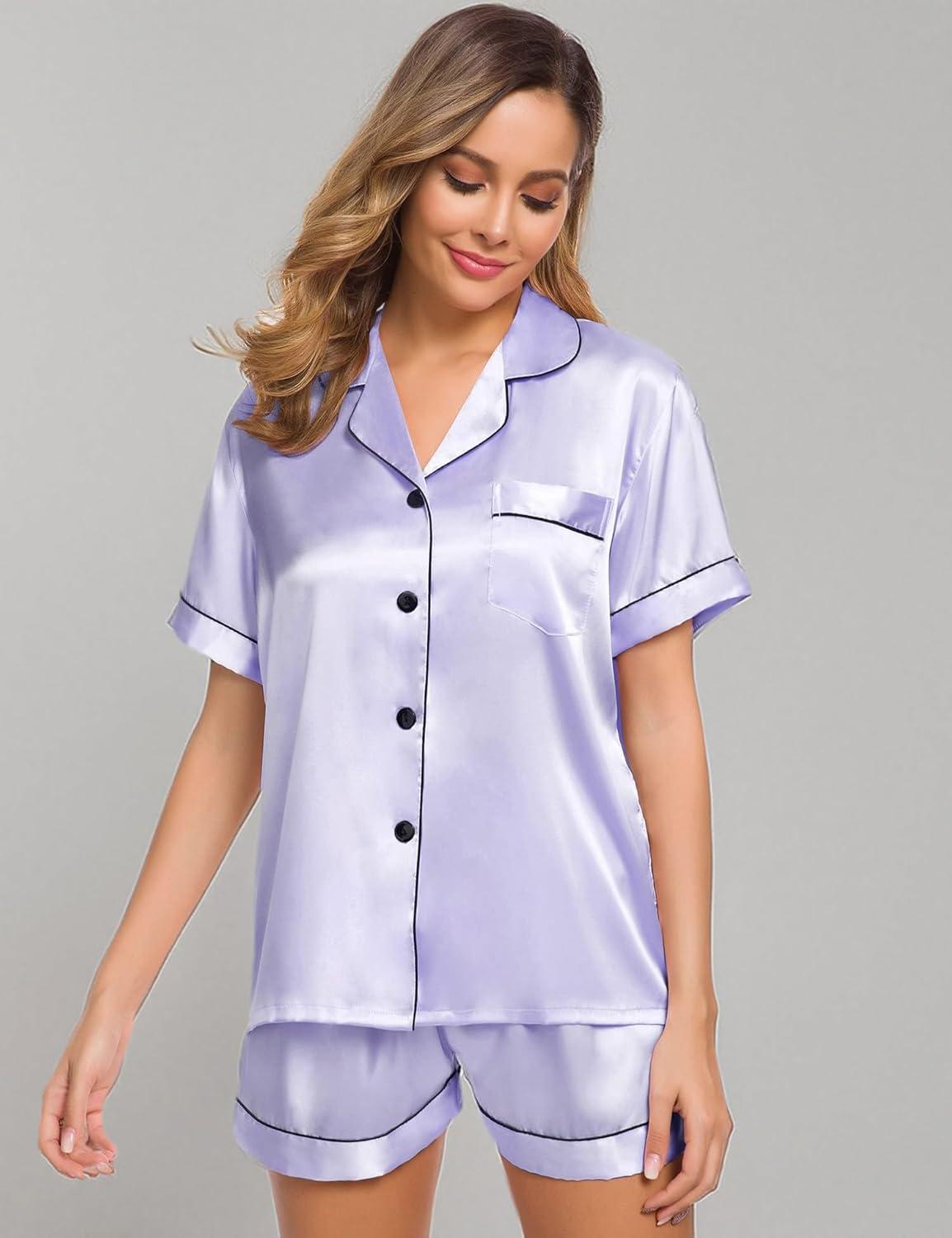 imageSWOMOG Womens Silk Satin Pajamas Set Short Sleeve Sleepwear Button Down Top and Shorts Loungewear 2 Piece Pjs Set XS3XLLavender