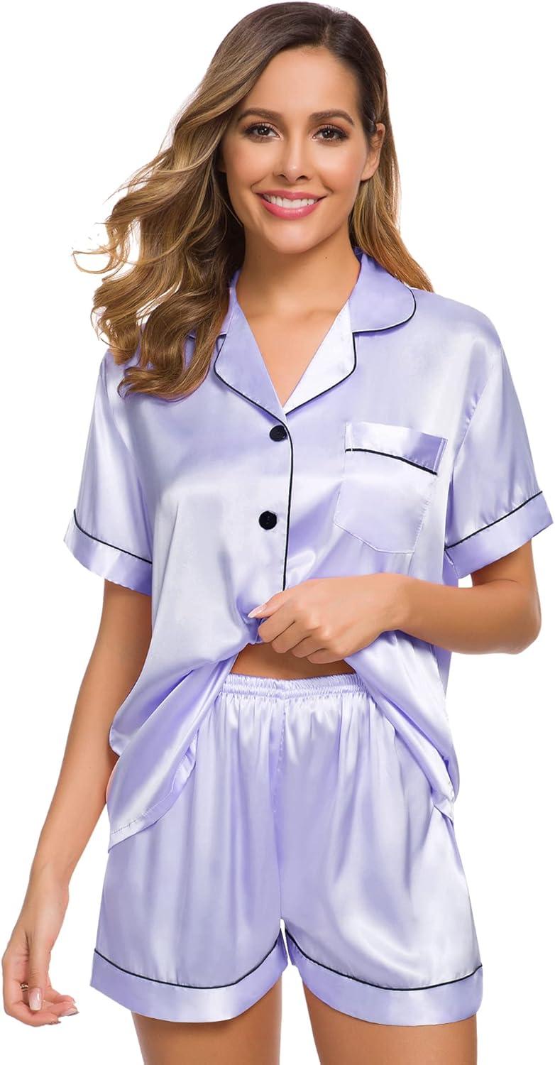 imageSWOMOG Womens Silk Satin Pajamas Set Short Sleeve Sleepwear Button Down Top and Shorts Loungewear 2 Piece Pjs Set XS3XLLavender