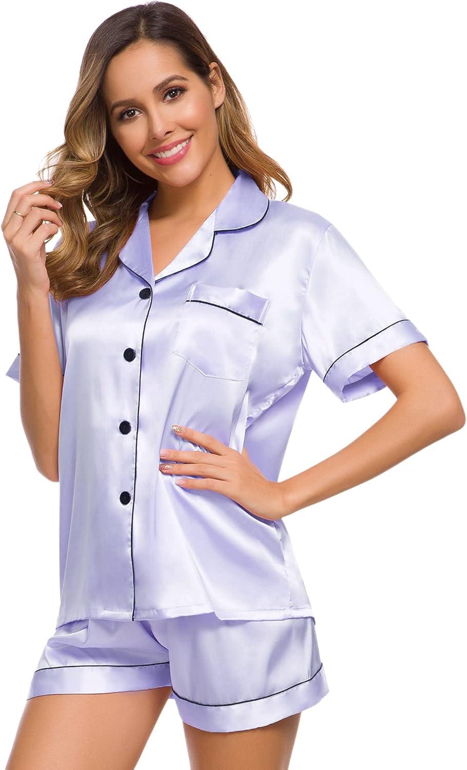 imageSWOMOG Womens Silk Satin Pajamas Set Short Sleeve Sleepwear Button Down Top and Shorts Loungewear 2 Piece Pjs Set XS3XLLavender