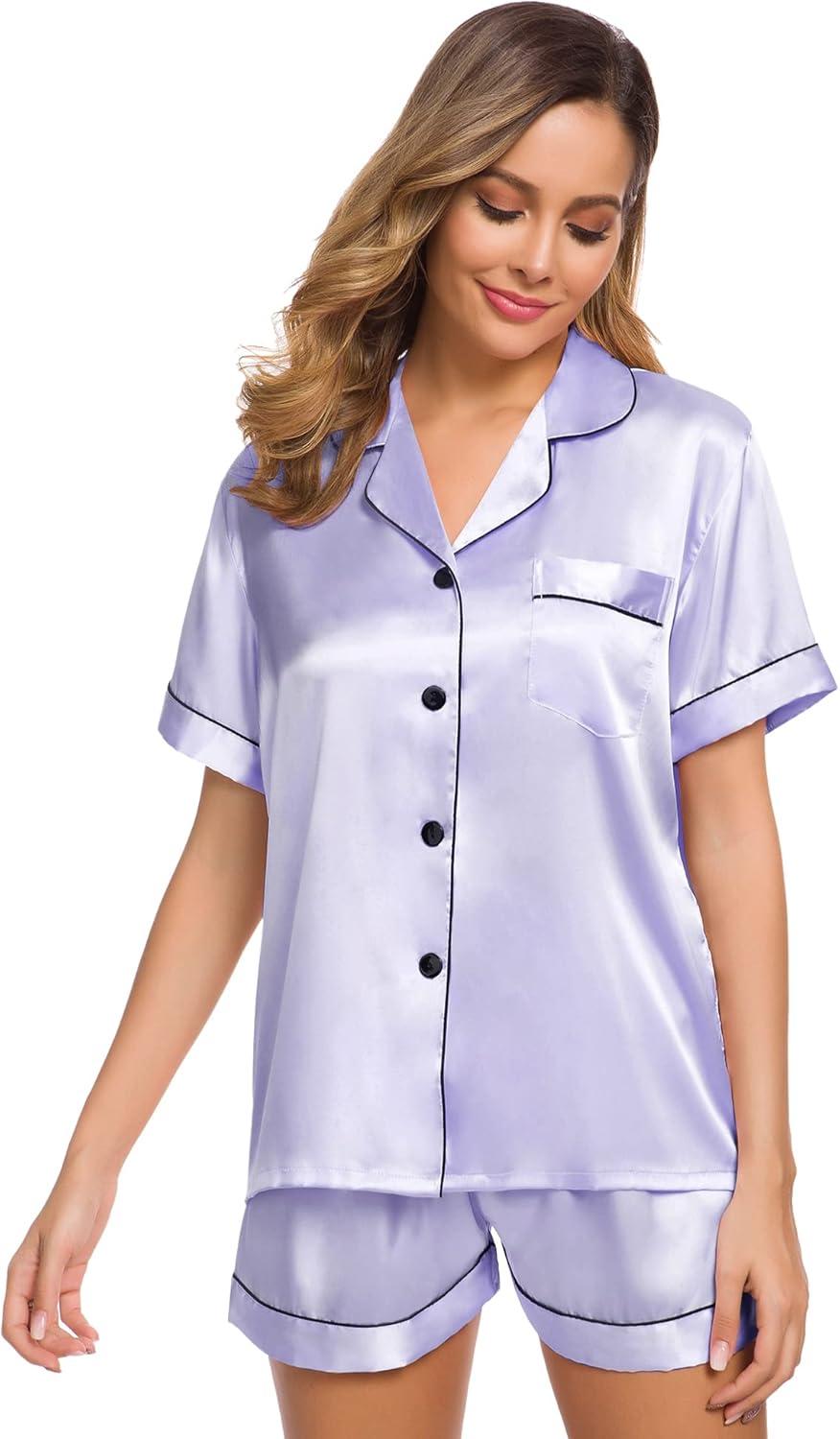 imageSWOMOG Womens Silk Satin Pajamas Set Short Sleeve Sleepwear Button Down Top and Shorts Loungewear 2 Piece Pjs Set XS3XLLavender