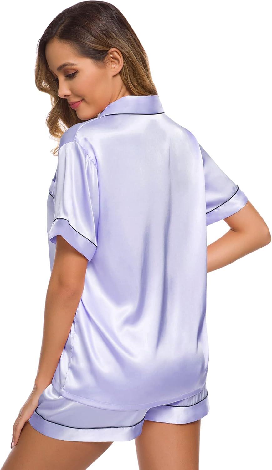 imageSWOMOG Womens Silk Satin Pajamas Set Short Sleeve Sleepwear Button Down Top and Shorts Loungewear 2 Piece Pjs Set XS3XLLavender