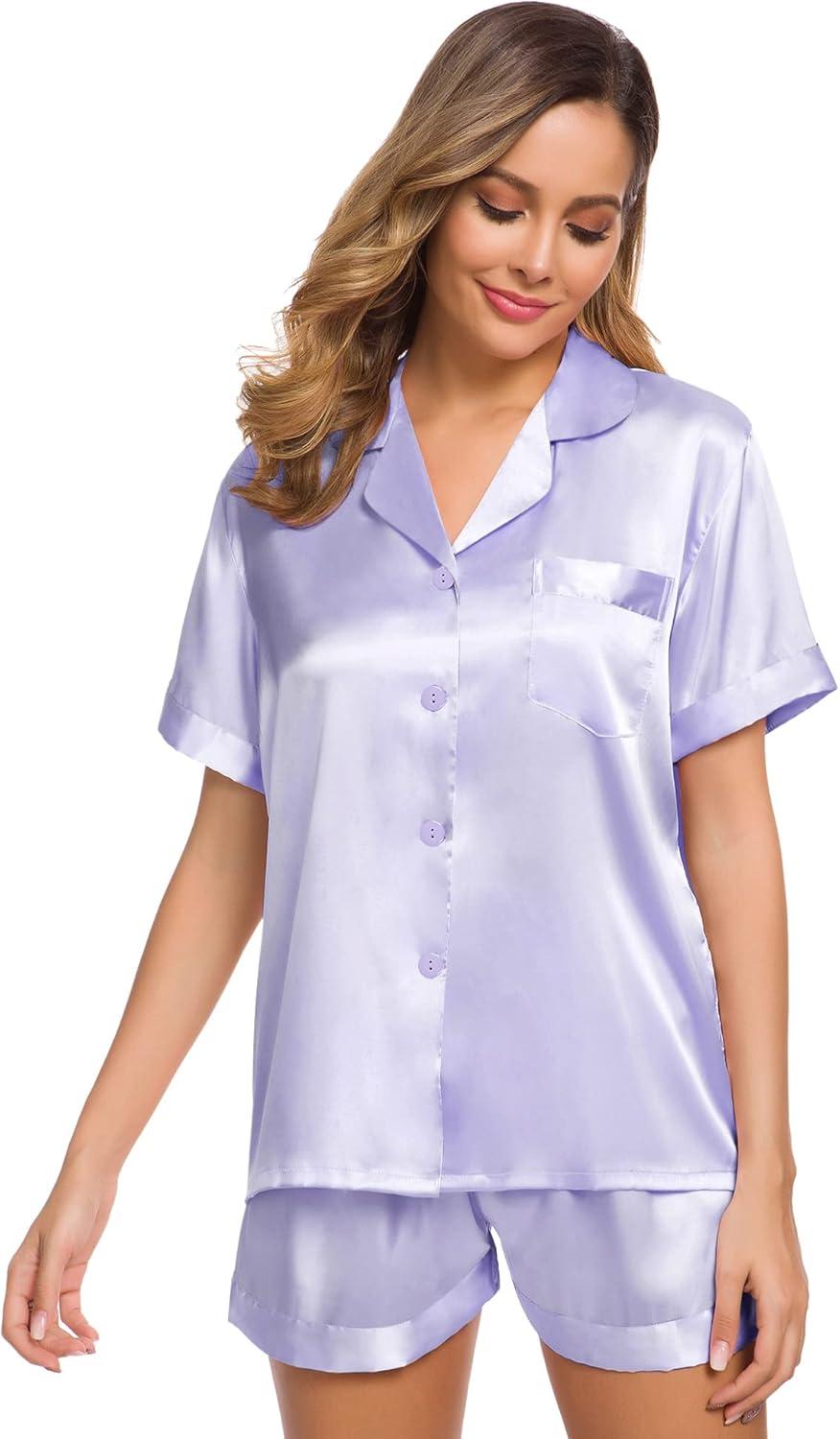 imageSWOMOG Womens Silk Satin Pajamas Set Short Sleeve Sleepwear Button Down Top and Shorts Loungewear 2 Piece Pjs Set XS3XLLavender Solid