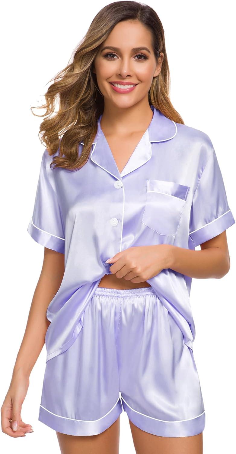 imageSWOMOG Womens Silk Satin Pajamas Set Short Sleeve Sleepwear Button Down Top and Shorts Loungewear 2 Piece Pjs Set XS3XLLavender White Piping