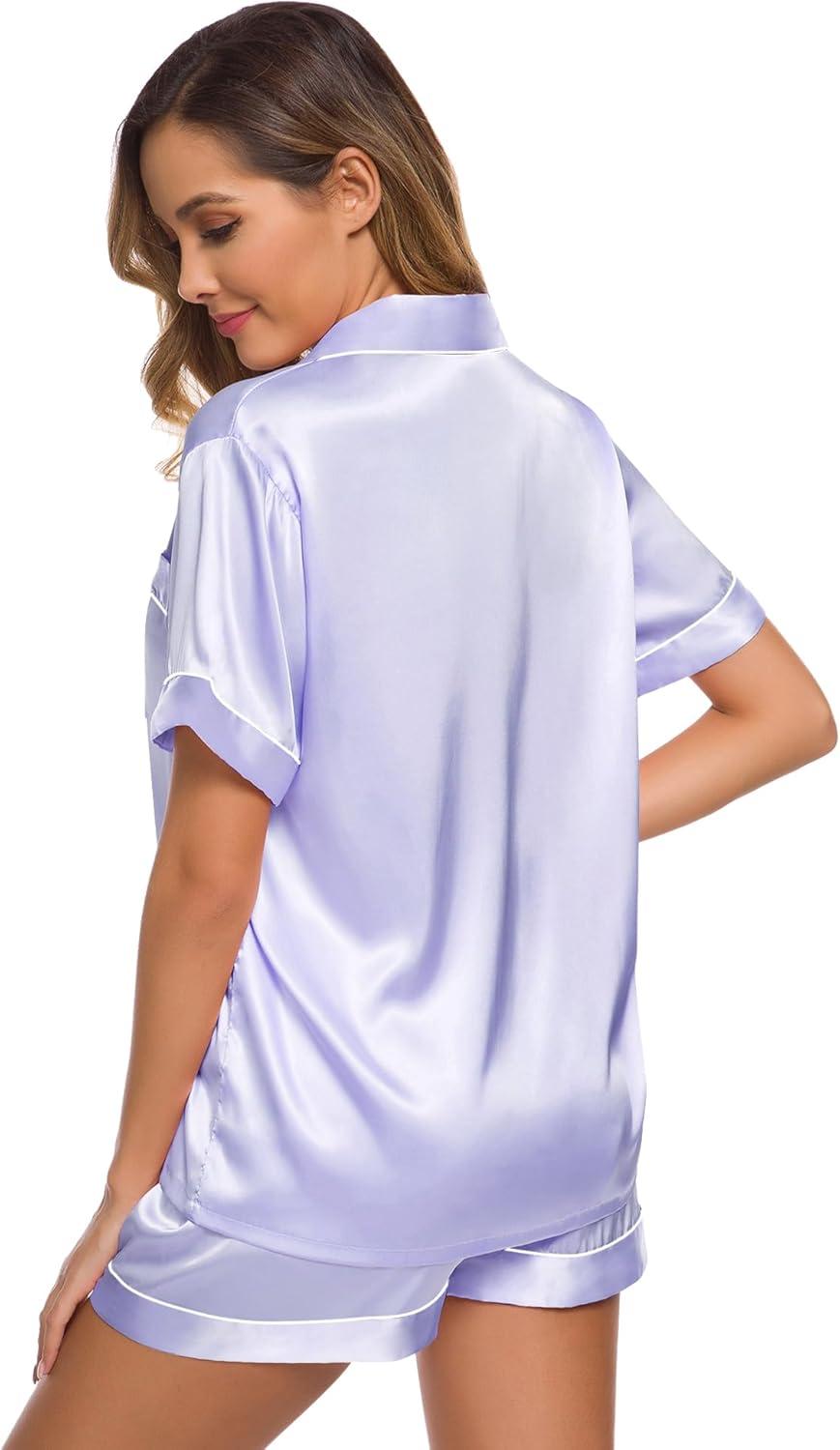 imageSWOMOG Womens Silk Satin Pajamas Set Short Sleeve Sleepwear Button Down Top and Shorts Loungewear 2 Piece Pjs Set XS3XLLavender White Piping