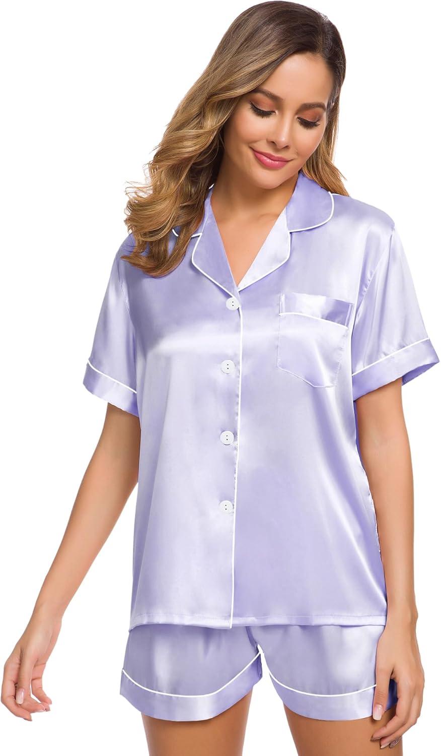 imageSWOMOG Womens Silk Satin Pajamas Set Short Sleeve Sleepwear Button Down Top and Shorts Loungewear 2 Piece Pjs Set XS3XLLavender White Piping