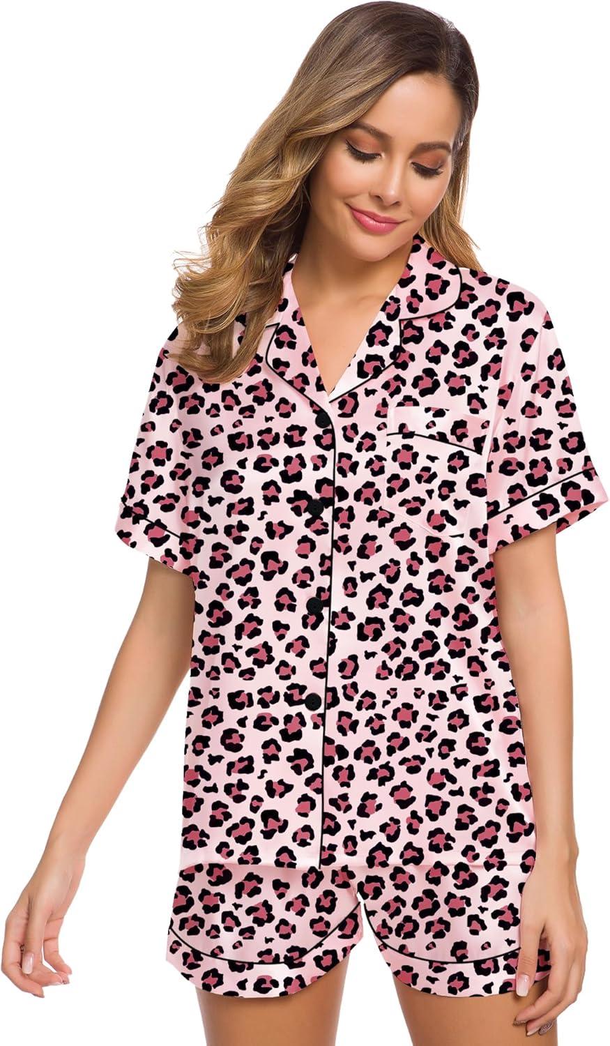 imageSWOMOG Womens Silk Satin Pajamas Set Short Sleeve Sleepwear Button Down Top and Shorts Loungewear 2 Piece Pjs Set XS3XLLeopard