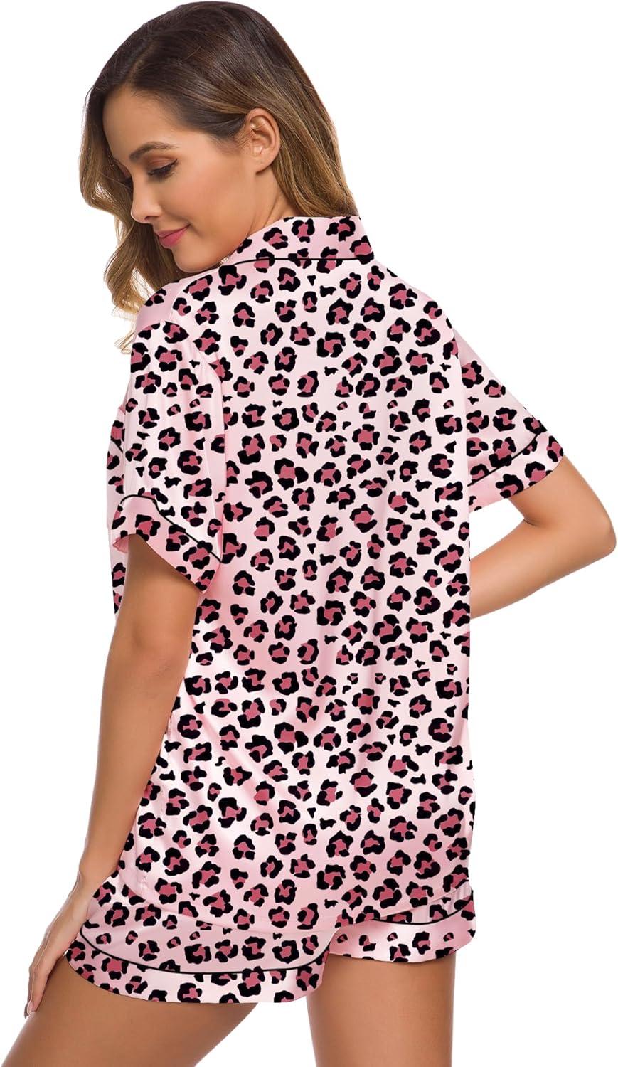 imageSWOMOG Womens Silk Satin Pajamas Set Short Sleeve Sleepwear Button Down Top and Shorts Loungewear 2 Piece Pjs Set XS3XLLeopard