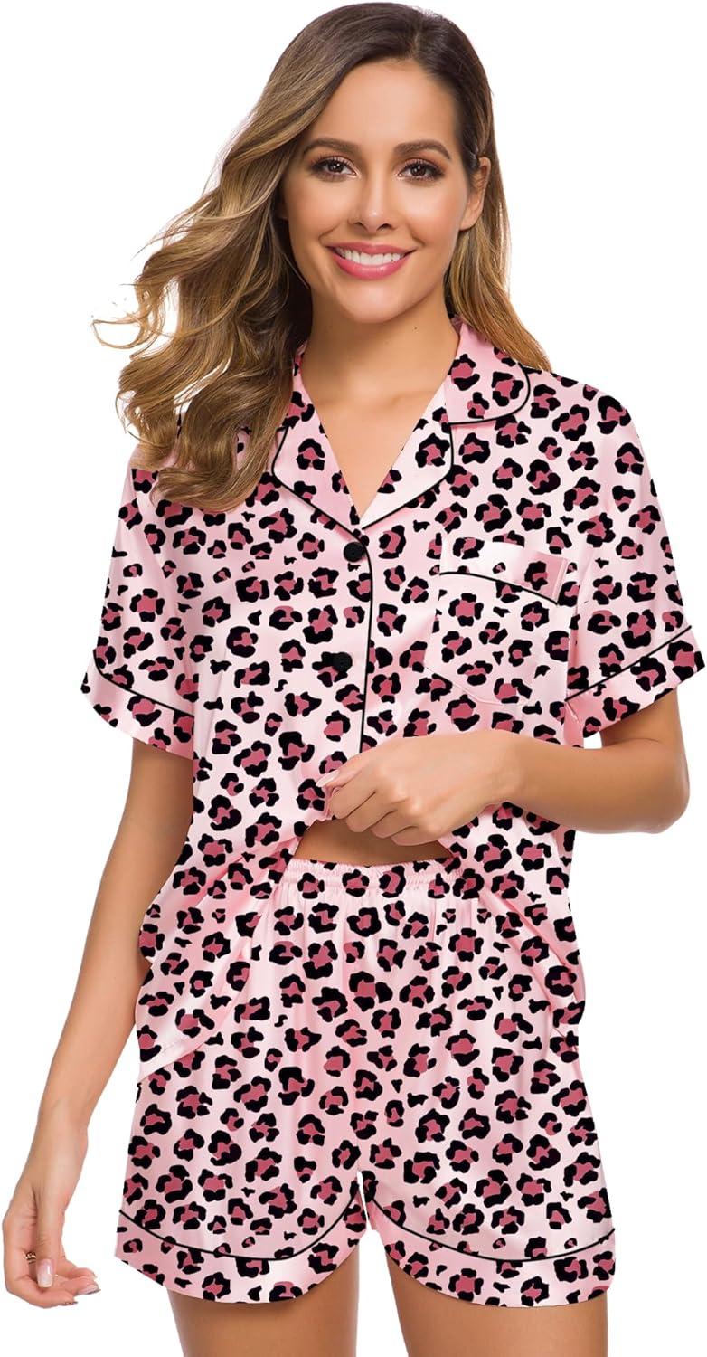 imageSWOMOG Womens Silk Satin Pajamas Set Short Sleeve Sleepwear Button Down Top and Shorts Loungewear 2 Piece Pjs Set XS3XLLeopard