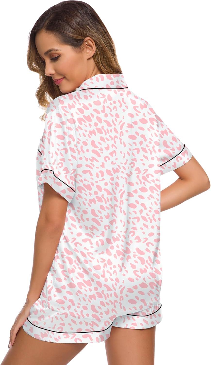 imageSWOMOG Womens Silk Satin Pajamas Set Short Sleeve Sleepwear Button Down Top and Shorts Loungewear 2 Piece Pjs Set XS3XLLeopard Pink
