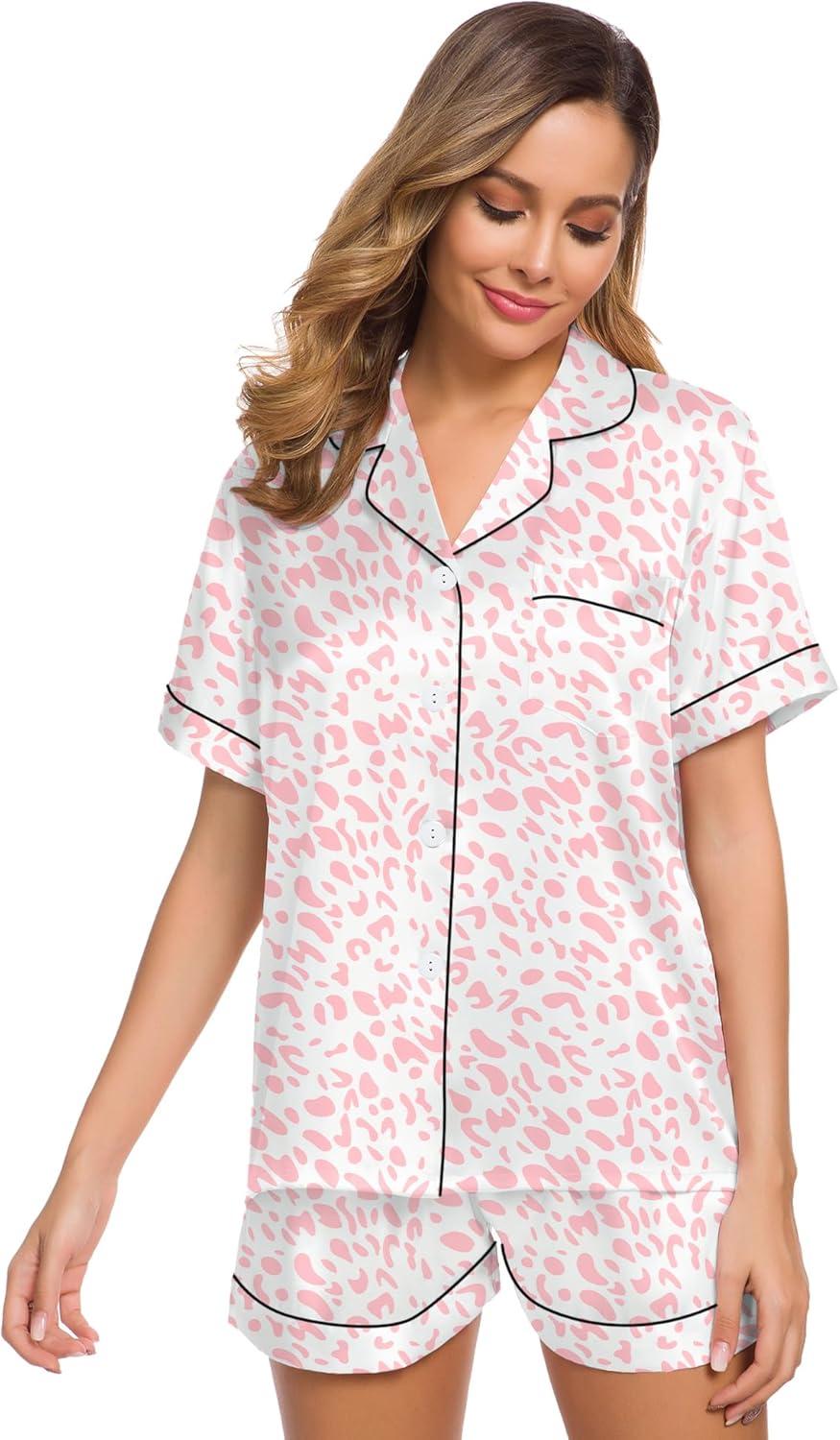 imageSWOMOG Womens Silk Satin Pajamas Set Short Sleeve Sleepwear Button Down Top and Shorts Loungewear 2 Piece Pjs Set XS3XLLeopard Pink