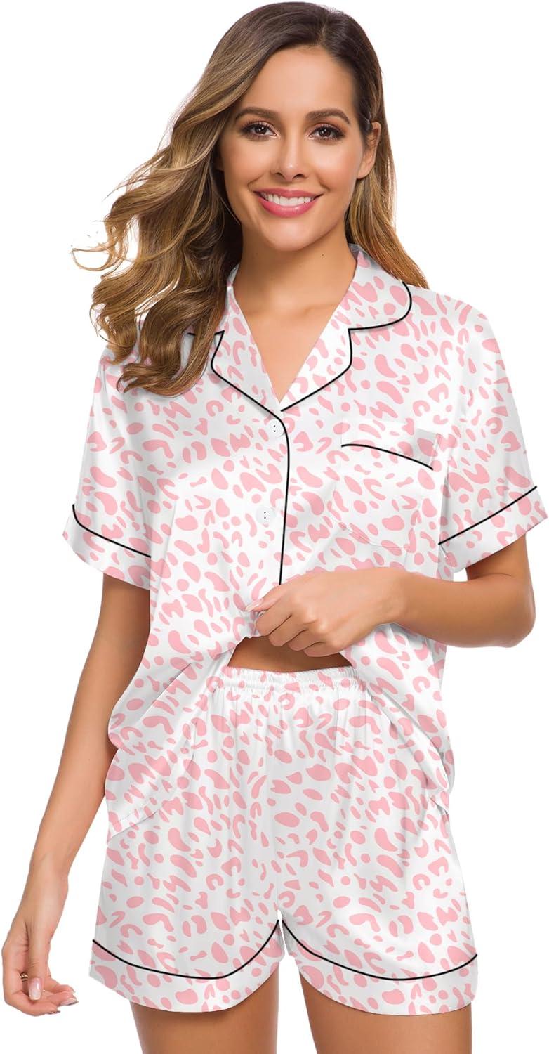 imageSWOMOG Womens Silk Satin Pajamas Set Short Sleeve Sleepwear Button Down Top and Shorts Loungewear 2 Piece Pjs Set XS3XLLeopard Pink