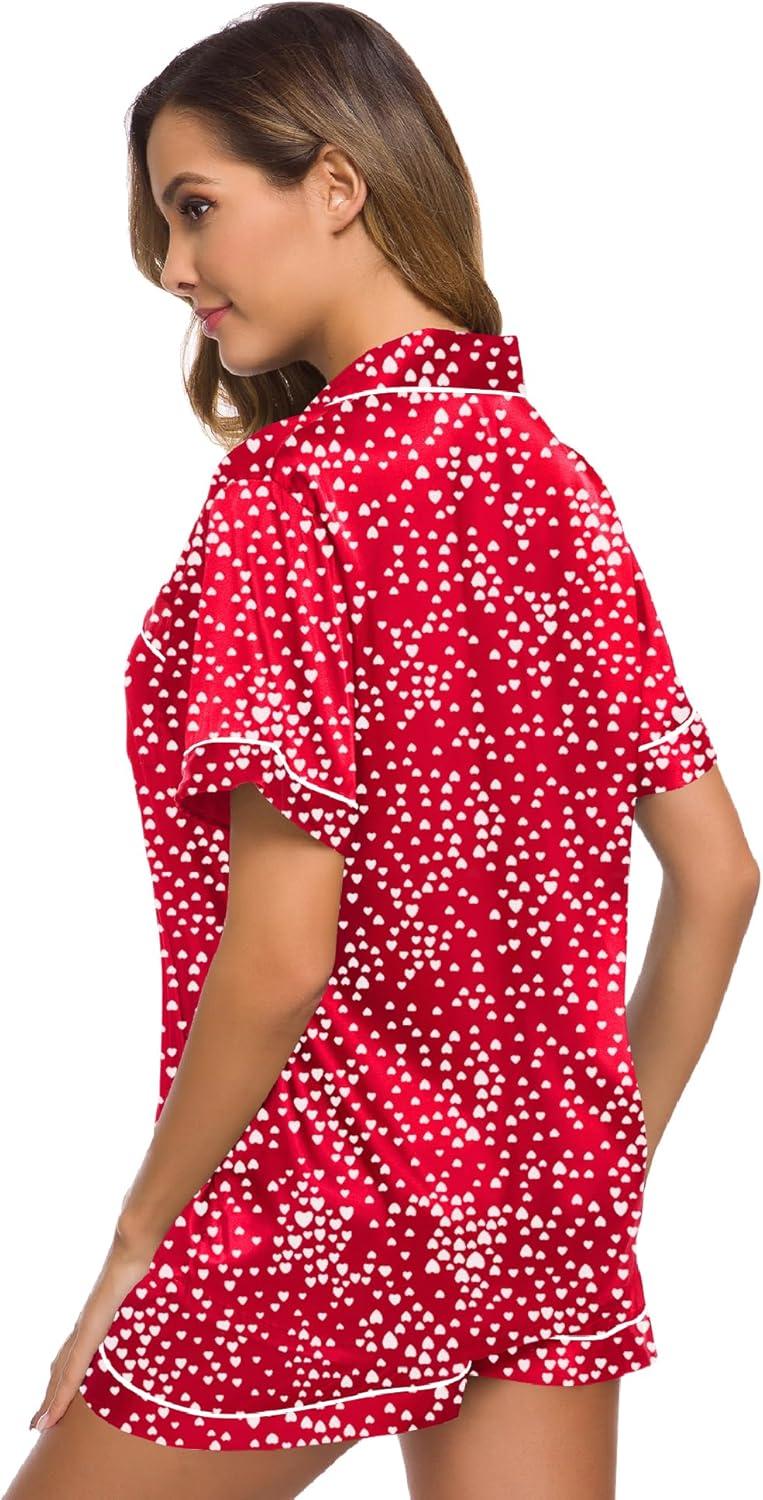 imageSWOMOG Womens Silk Satin Pajamas Set Short Sleeve Sleepwear Button Down Top and Shorts Loungewear 2 Piece Pjs Set XS3XLLipstick Red Mini Hearts