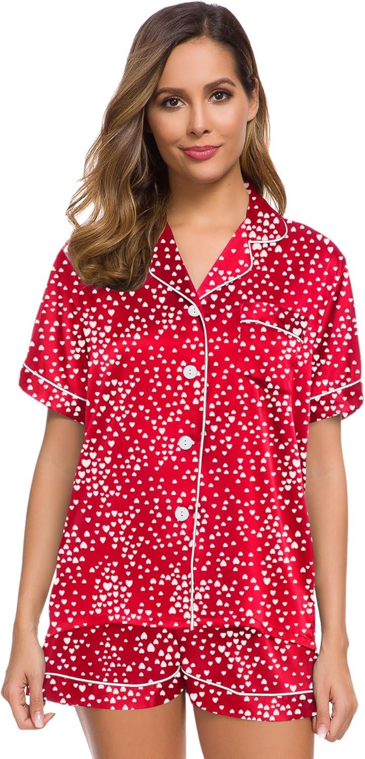 imageSWOMOG Womens Silk Satin Pajamas Set Short Sleeve Sleepwear Button Down Top and Shorts Loungewear 2 Piece Pjs Set XS3XLLipstick Red Mini Hearts