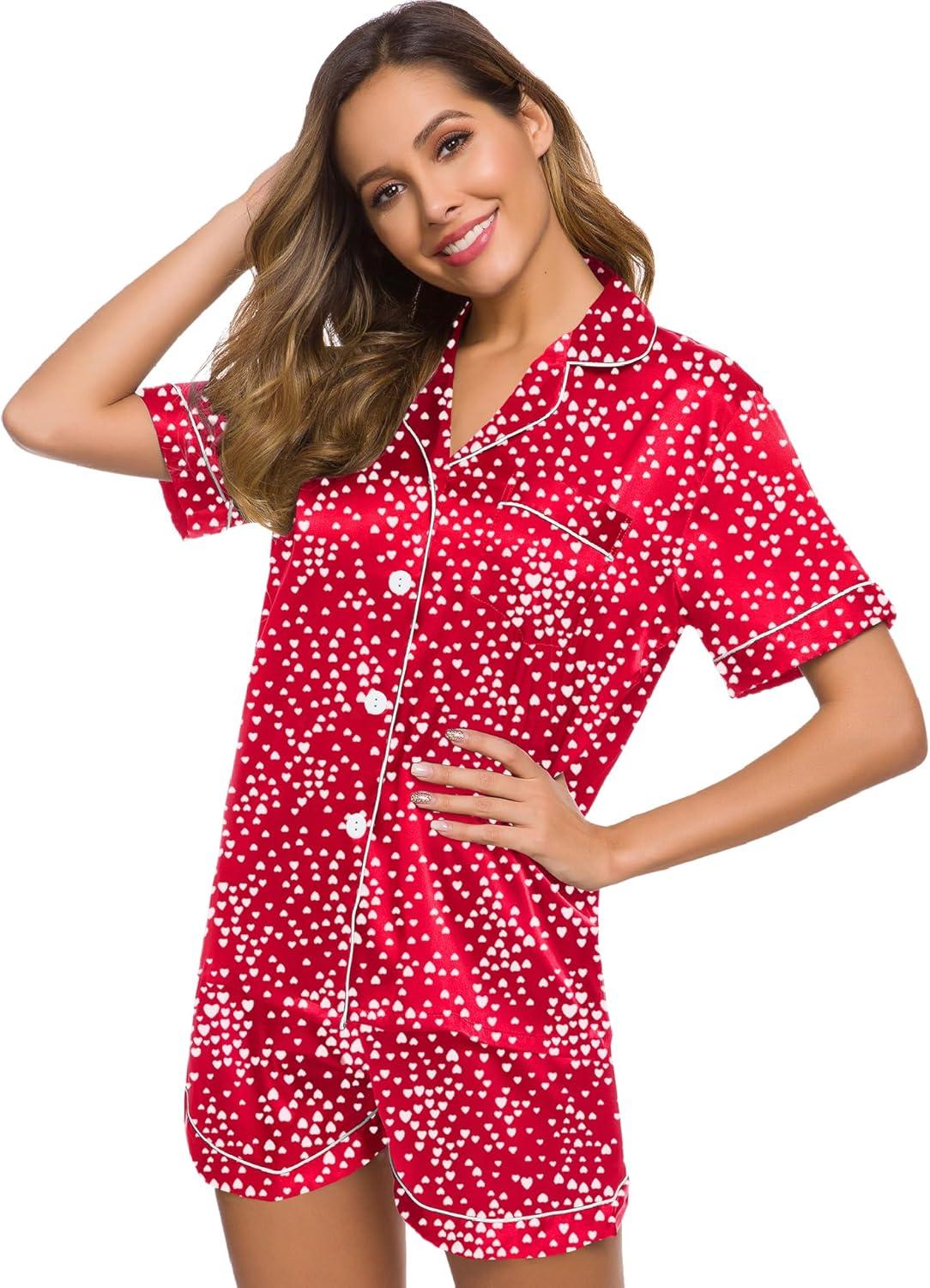 imageSWOMOG Womens Silk Satin Pajamas Set Short Sleeve Sleepwear Button Down Top and Shorts Loungewear 2 Piece Pjs Set XS3XLLipstick Red Mini Hearts