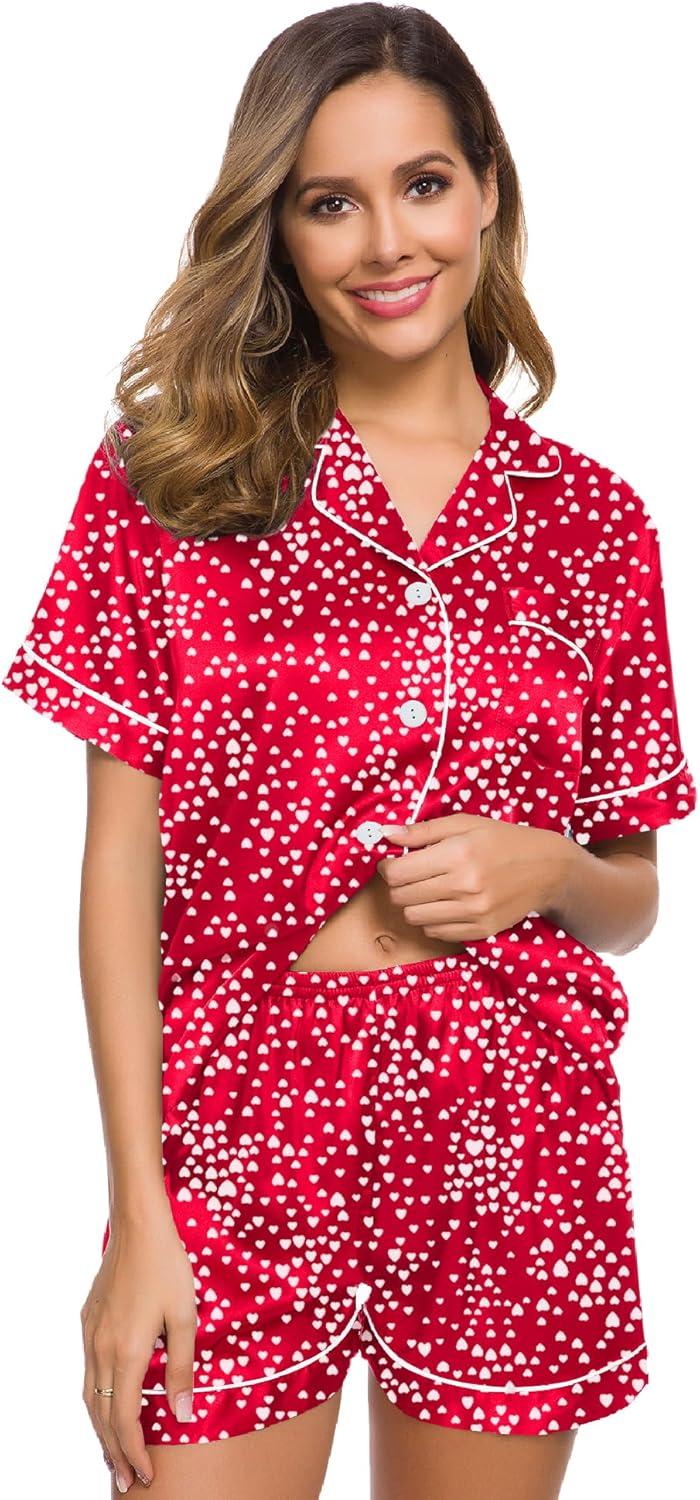 imageSWOMOG Womens Silk Satin Pajamas Set Short Sleeve Sleepwear Button Down Top and Shorts Loungewear 2 Piece Pjs Set XS3XLLipstick Red Mini Hearts