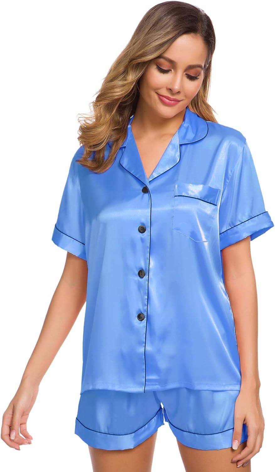 imageSWOMOG Womens Silk Satin Pajamas Set Short Sleeve Sleepwear Button Down Top and Shorts Loungewear 2 Piece Pjs Set XS3XLMarina Blue