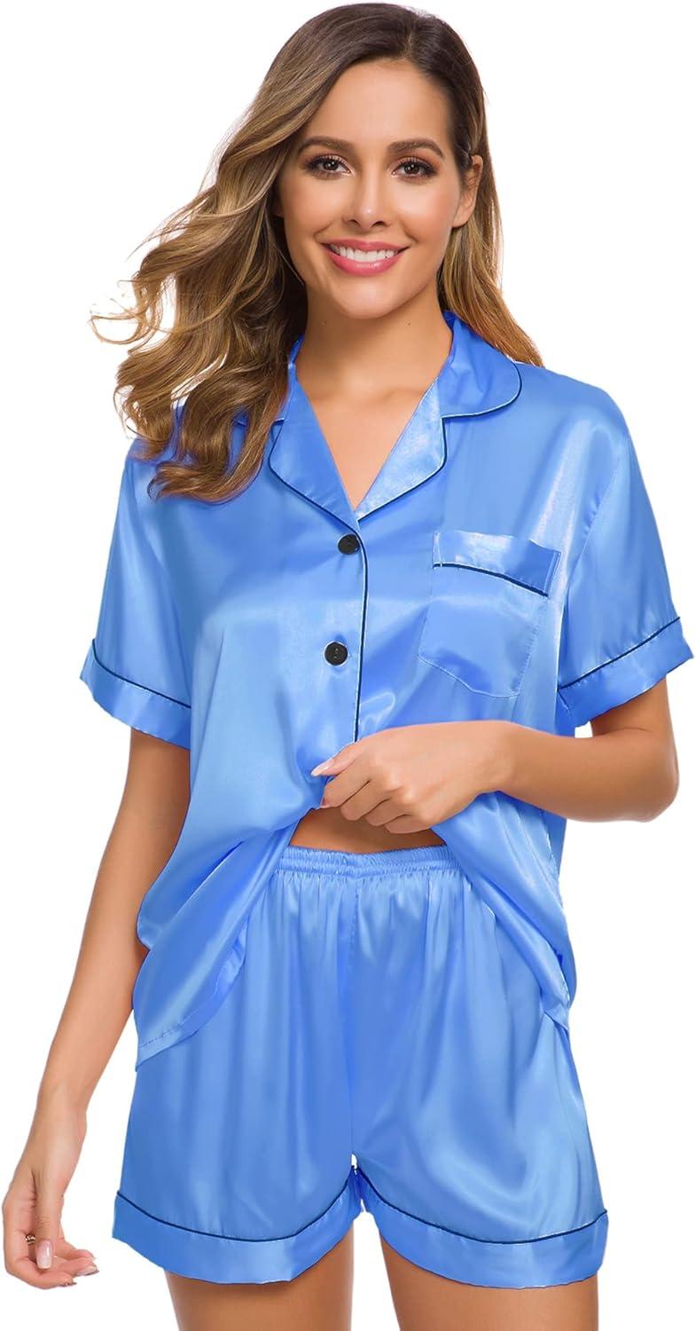 imageSWOMOG Womens Silk Satin Pajamas Set Short Sleeve Sleepwear Button Down Top and Shorts Loungewear 2 Piece Pjs Set XS3XLMarina Blue
