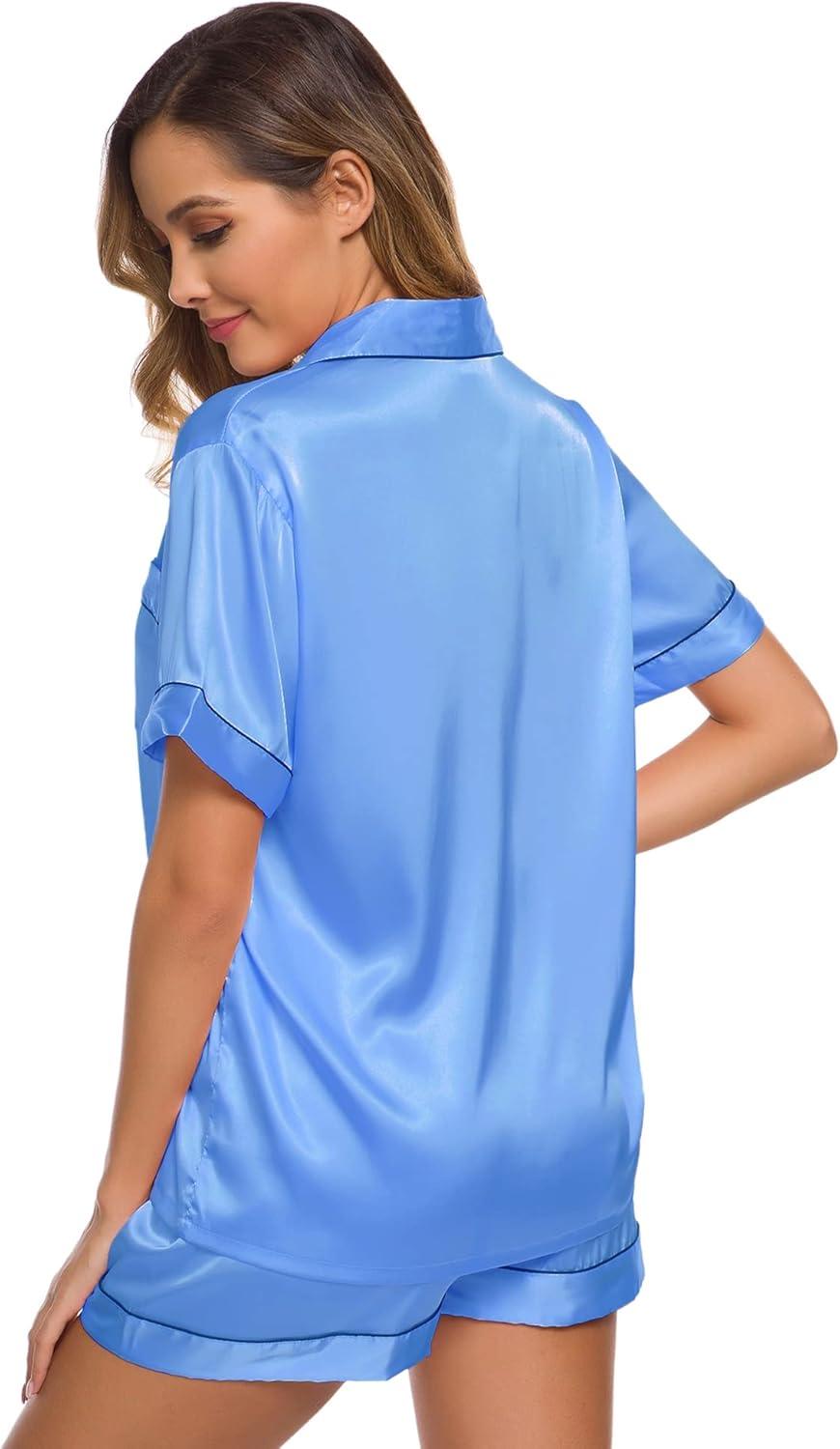 imageSWOMOG Womens Silk Satin Pajamas Set Short Sleeve Sleepwear Button Down Top and Shorts Loungewear 2 Piece Pjs Set XS3XLMarina Blue