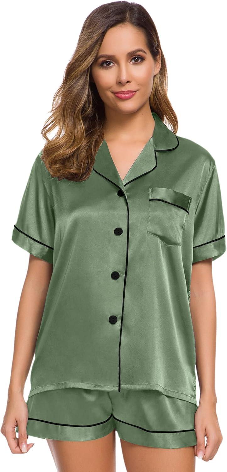imageSWOMOG Womens Silk Satin Pajamas Set Short Sleeve Sleepwear Button Down Top and Shorts Loungewear 2 Piece Pjs Set XS3XLMatcha