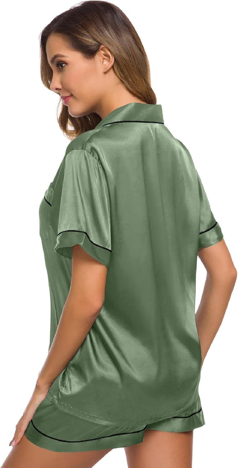 imageSWOMOG Womens Silk Satin Pajamas Set Short Sleeve Sleepwear Button Down Top and Shorts Loungewear 2 Piece Pjs Set XS3XLMatcha