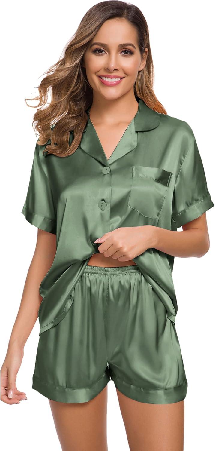 imageSWOMOG Womens Silk Satin Pajamas Set Short Sleeve Sleepwear Button Down Top and Shorts Loungewear 2 Piece Pjs Set XS3XLMatcha Solid