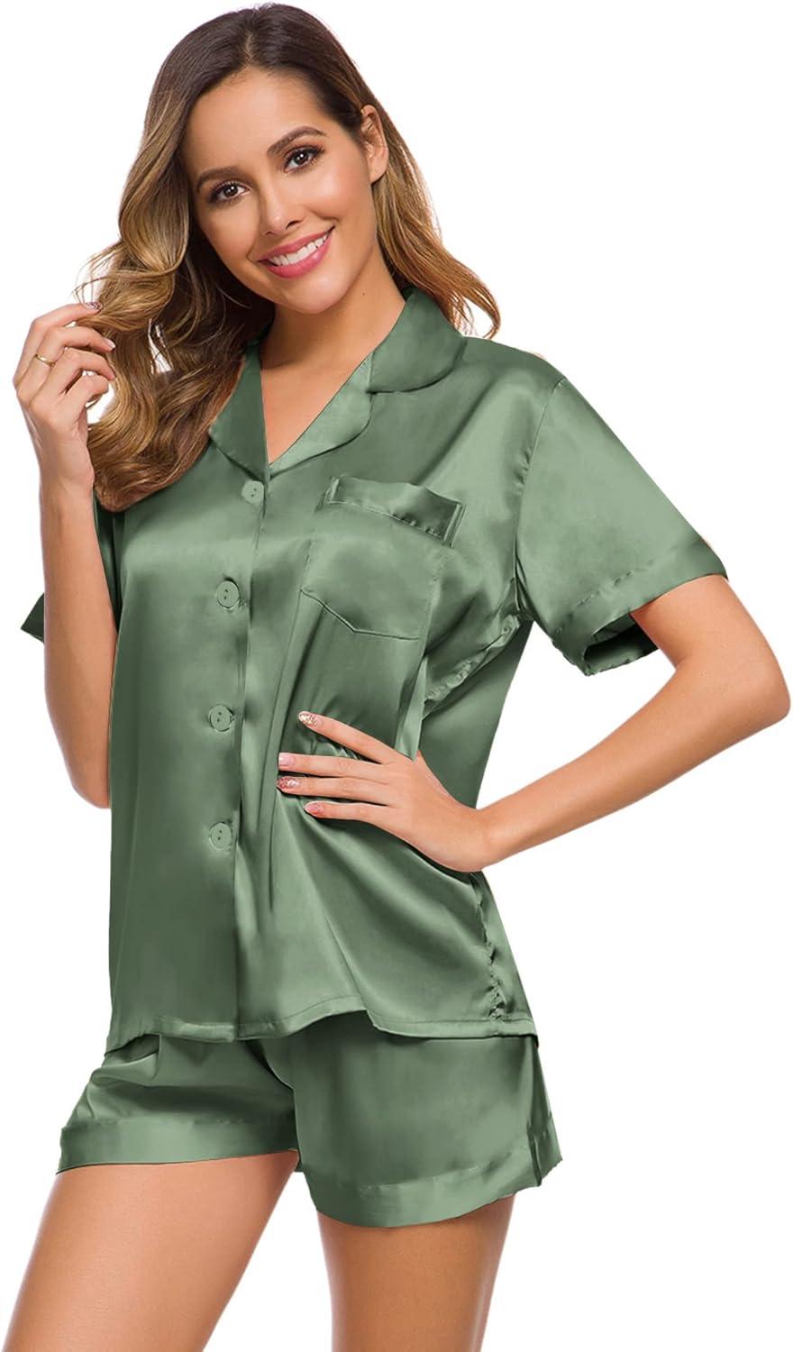 imageSWOMOG Womens Silk Satin Pajamas Set Short Sleeve Sleepwear Button Down Top and Shorts Loungewear 2 Piece Pjs Set XS3XLMatcha Solid