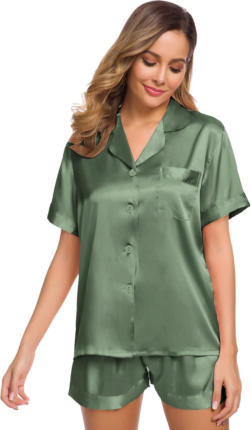 imageSWOMOG Womens Silk Satin Pajamas Set Short Sleeve Sleepwear Button Down Top and Shorts Loungewear 2 Piece Pjs Set XS3XLMatcha Solid