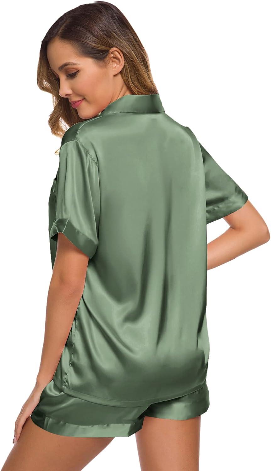 imageSWOMOG Womens Silk Satin Pajamas Set Short Sleeve Sleepwear Button Down Top and Shorts Loungewear 2 Piece Pjs Set XS3XLMatcha Solid