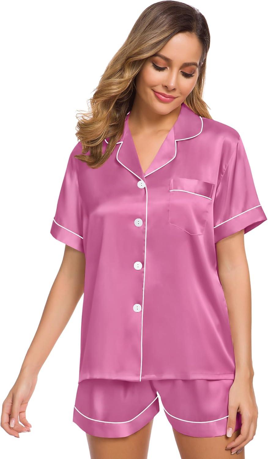 imageSWOMOG Womens Silk Satin Pajamas Set Short Sleeve Sleepwear Button Down Top and Shorts Loungewear 2 Piece Pjs Set XS3XLMauve Pink