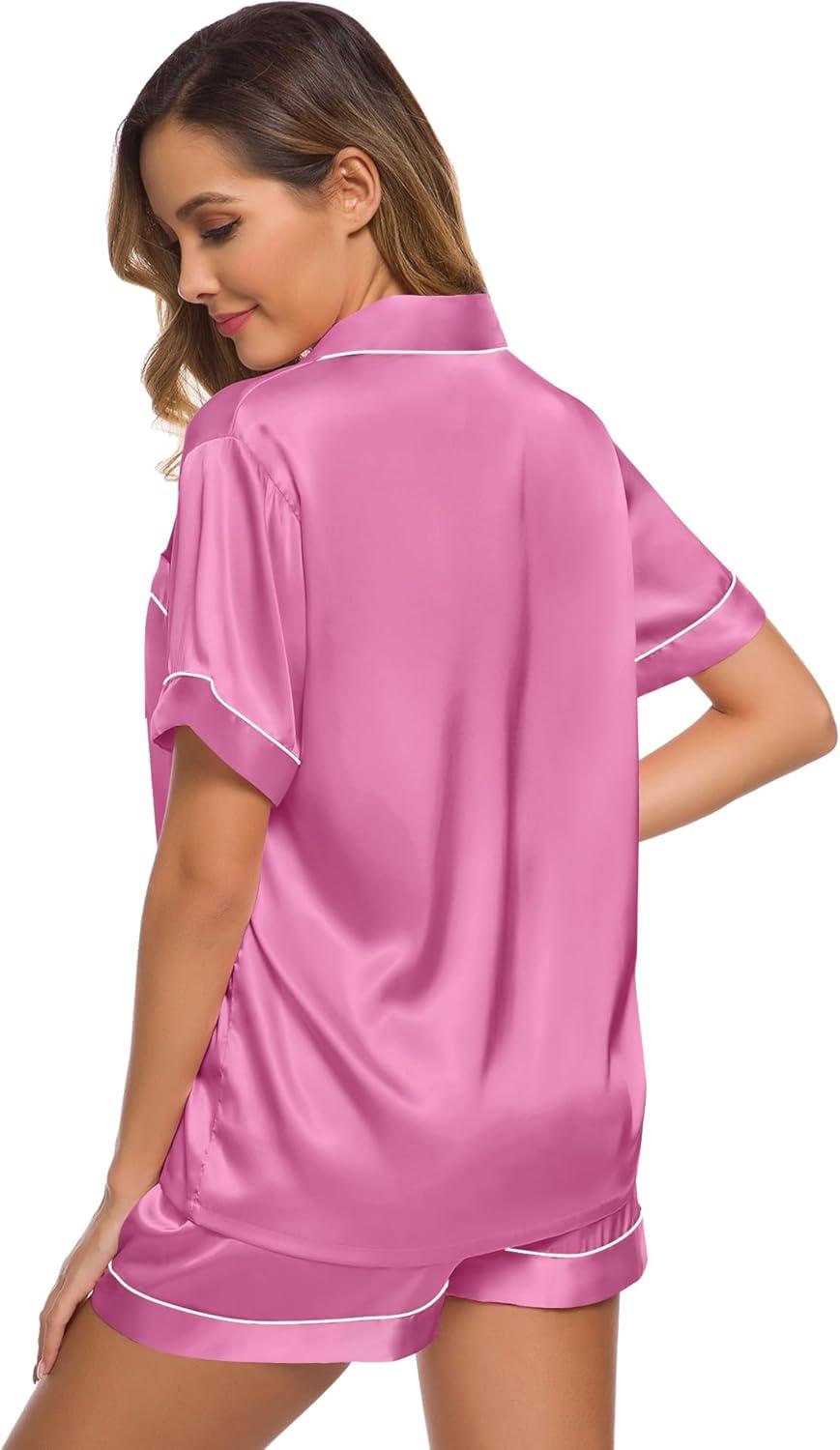 imageSWOMOG Womens Silk Satin Pajamas Set Short Sleeve Sleepwear Button Down Top and Shorts Loungewear 2 Piece Pjs Set XS3XLMauve Pink
