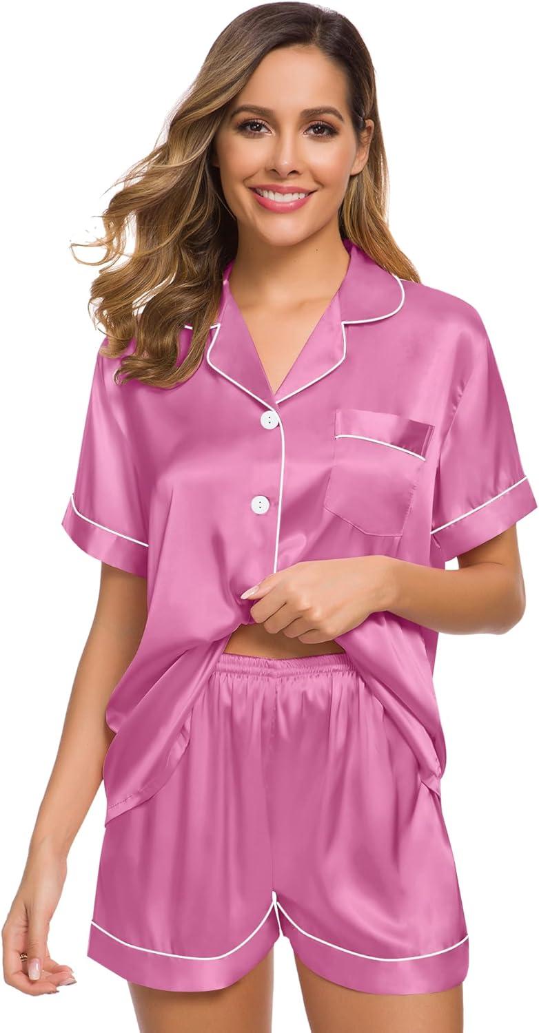 imageSWOMOG Womens Silk Satin Pajamas Set Short Sleeve Sleepwear Button Down Top and Shorts Loungewear 2 Piece Pjs Set XS3XLMauve Pink