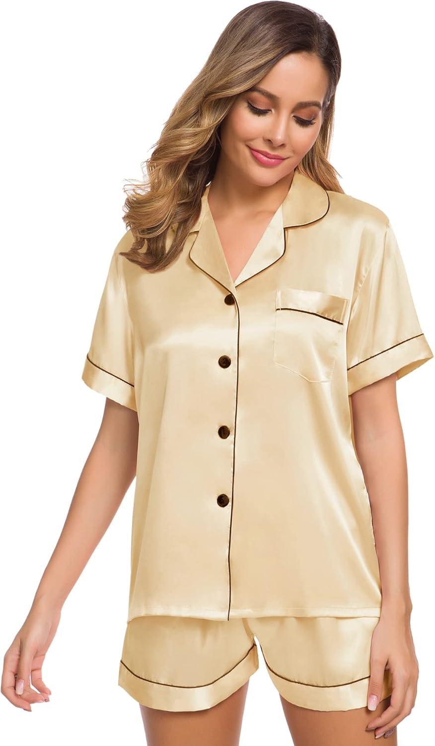 imageSWOMOG Womens Silk Satin Pajamas Set Short Sleeve Sleepwear Button Down Top and Shorts Loungewear 2 Piece Pjs Set XS3XLMellow Apricot