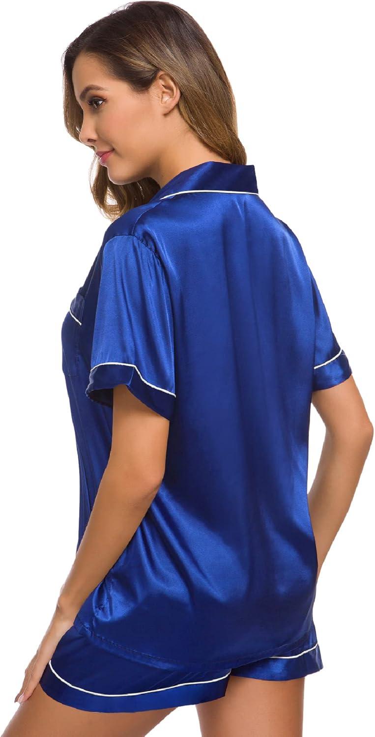 imageSWOMOG Womens Silk Satin Pajamas Set Short Sleeve Sleepwear Button Down Top and Shorts Loungewear 2 Piece Pjs Set XS3XLMidnight Blue