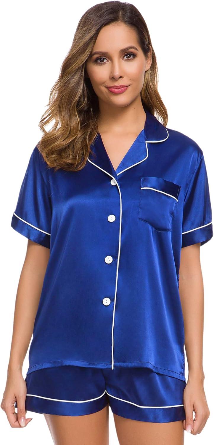 imageSWOMOG Womens Silk Satin Pajamas Set Short Sleeve Sleepwear Button Down Top and Shorts Loungewear 2 Piece Pjs Set XS3XLMidnight Blue